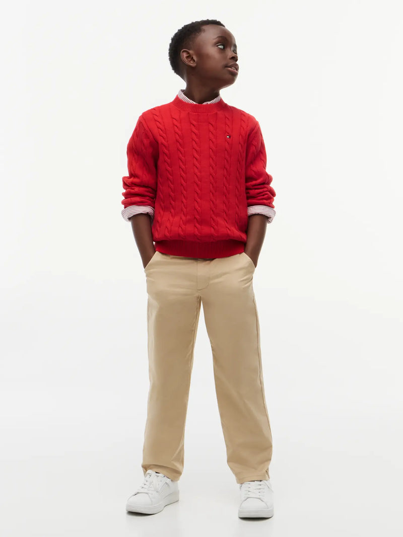 Tommy Hilfiger red cable knit sweater, modelled by boy.