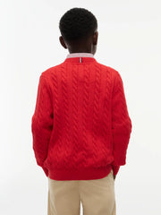 Rear view of the Tommy Hilfiger red cable knit sweater.