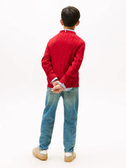 Rear view of the Tommy Hilfiger red cable knit sweater.