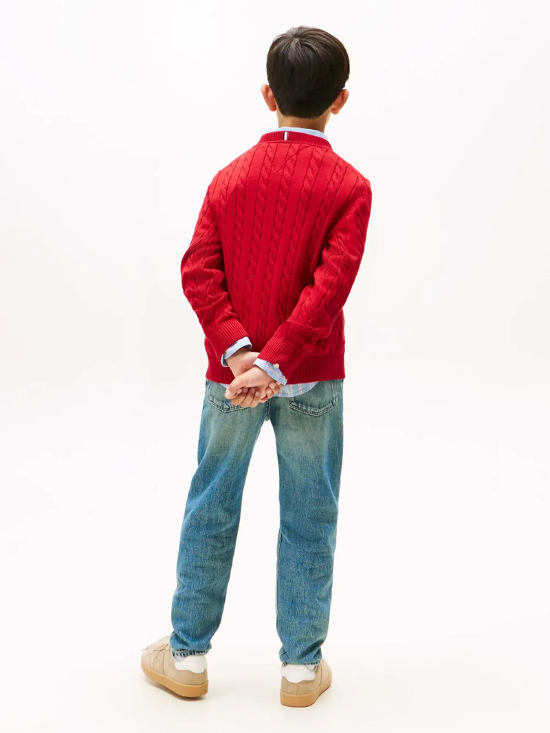 Rear view of the Tommy Hilfiger red cable knit sweater.