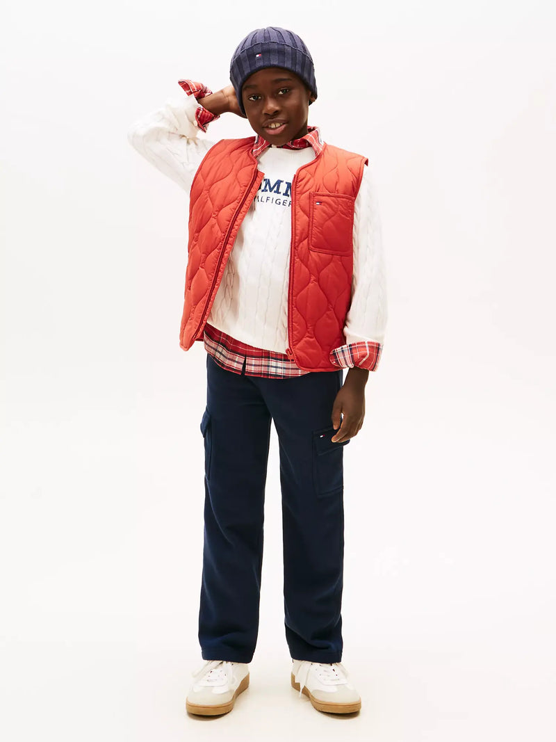 Boy wearing the Tommy Hilfiger cargo track bottoms.