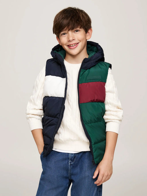 Closer look at the Tommy Hilfiger colourblock gilet.