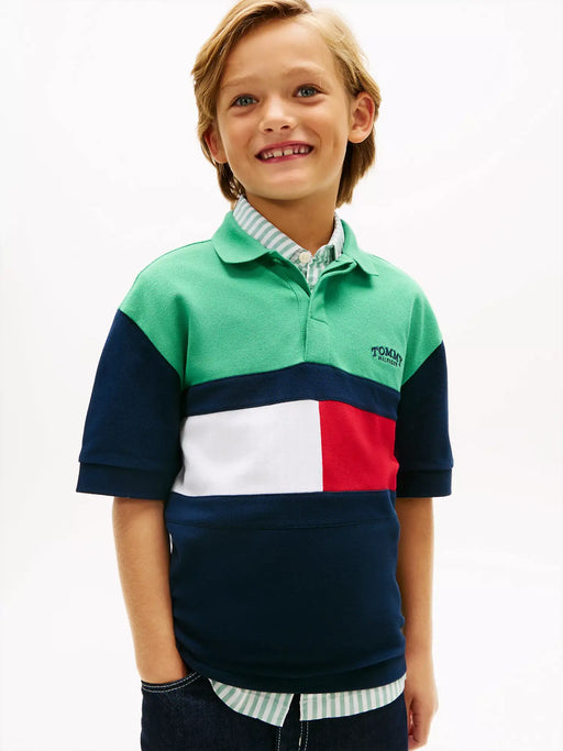 Closer view of the Tommy Hilfiger colourblock polo shirt.