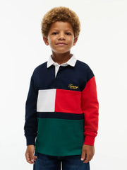 Closer view of the Tommy Hilfiger colourblock rugby shirt.