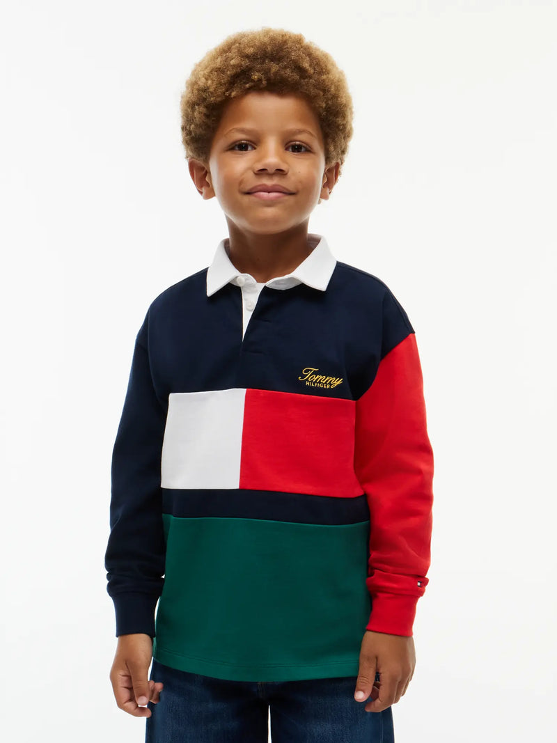 Closer view of the Tommy Hilfiger colourblock rugby shirt.
