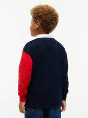 Back of the Tommy Hilfiger navy colourblock rugby shirt.
