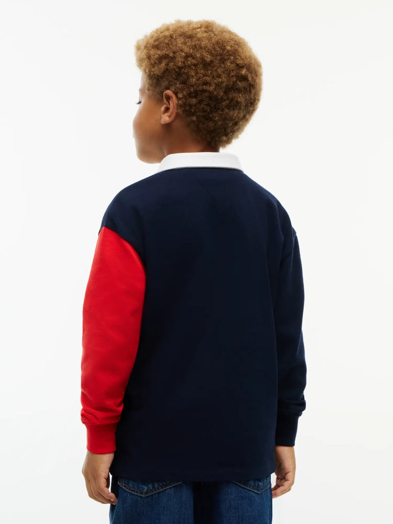 Back of the Tommy Hilfiger navy colourblock rugby shirt.