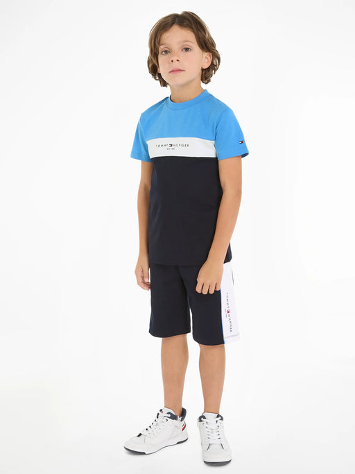 Boy wearing the Tommy Hilfiger colourblock shorts set.
