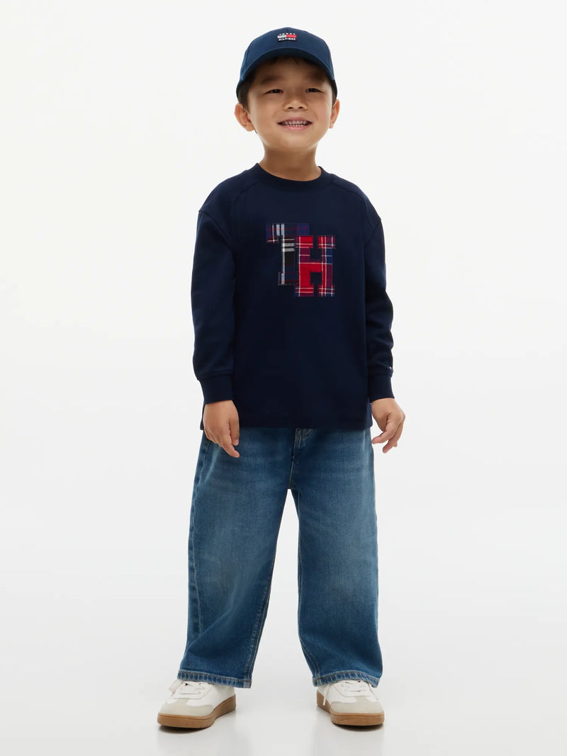 Smiling Boy modelling the Tommy Hilfiger crest t-shirt.