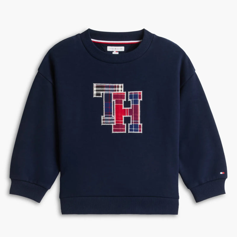 Baby boy's navy sweatshirt with tartan logo.