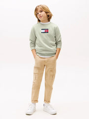 Boy modelling the Tommy Hilfiger flag logo sweatshirt.