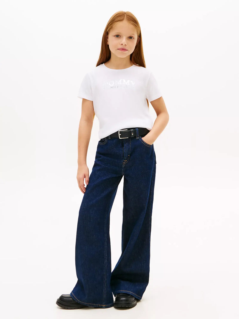 Girl modelling the Tommy Hilfiger foil logo t-shirt.