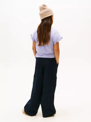 Rear view of the Tommy Hilfiger purple frilled sleeve t-shirt.