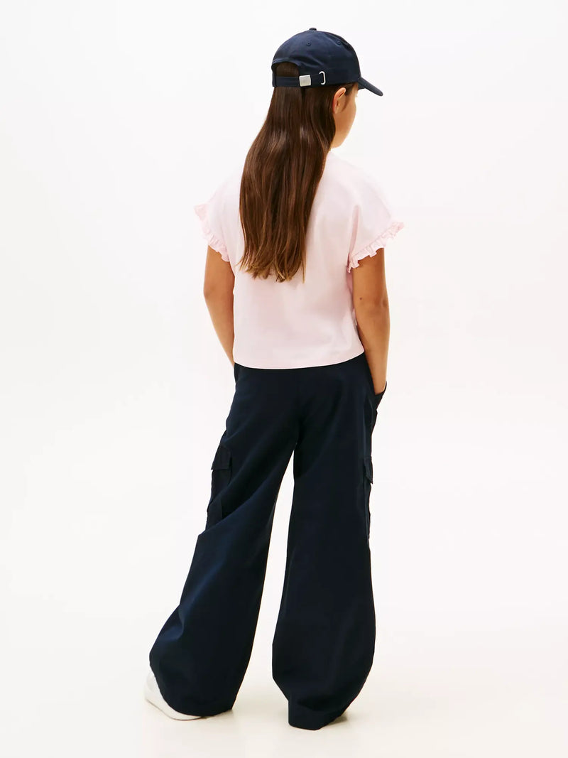 Rear view of the Tommy Hilfiger pink frilled sleeve t-shirt.