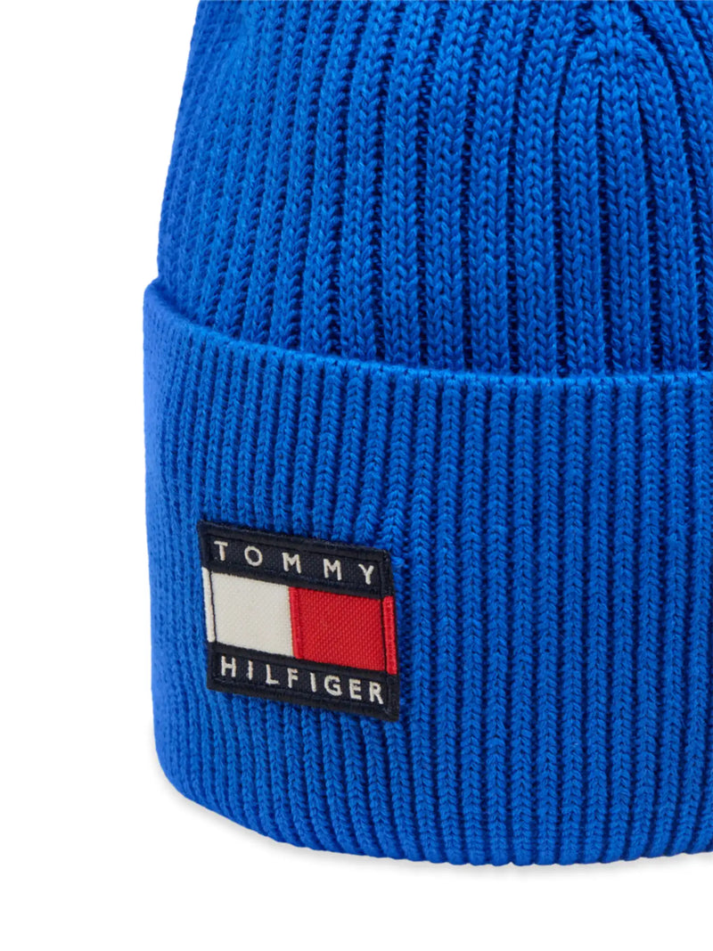 Closer look at the Tommy Hilfiger heritage beanie showing detail of the flag logo patch.