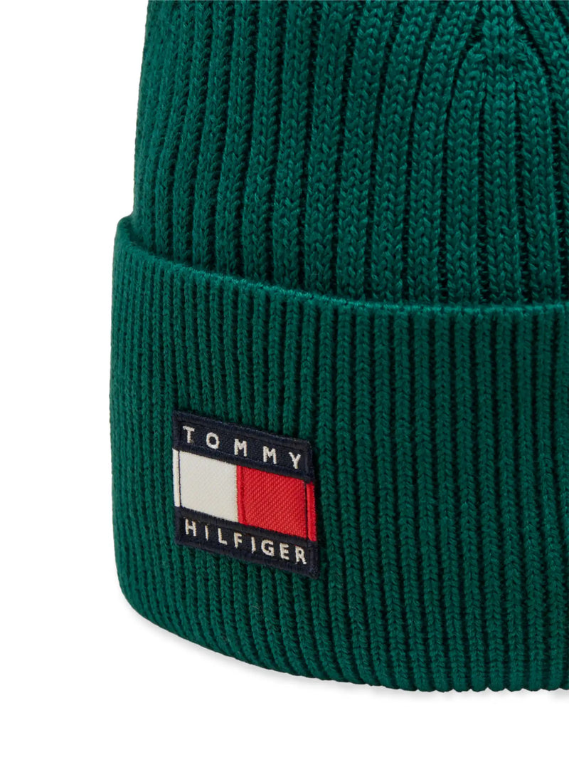 Closer look at the Tommy Hilfiger heritage beanie showing detail of the flag logo patch.