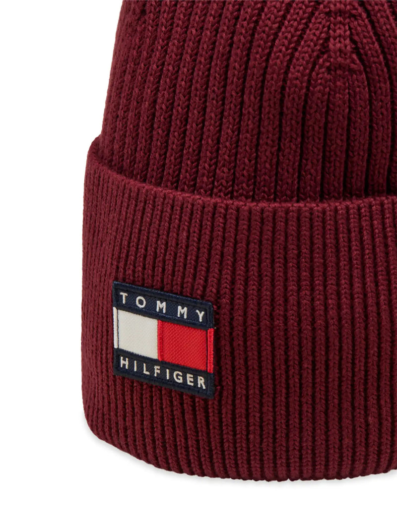 Closer look at the Tommy Hilfiger heritage beanie showing detail of the flag logo patch.