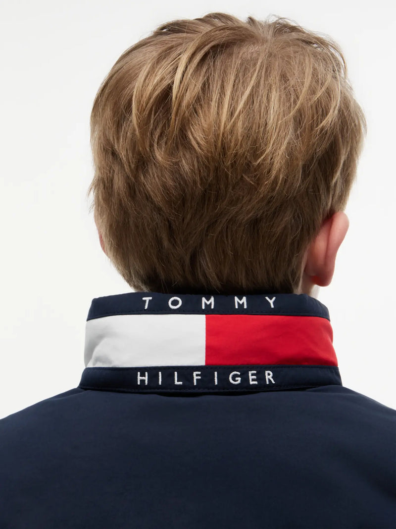 Closer look at the Tommy Hilfiger heritage essential jacket showing detail of the flag logo on the collar.