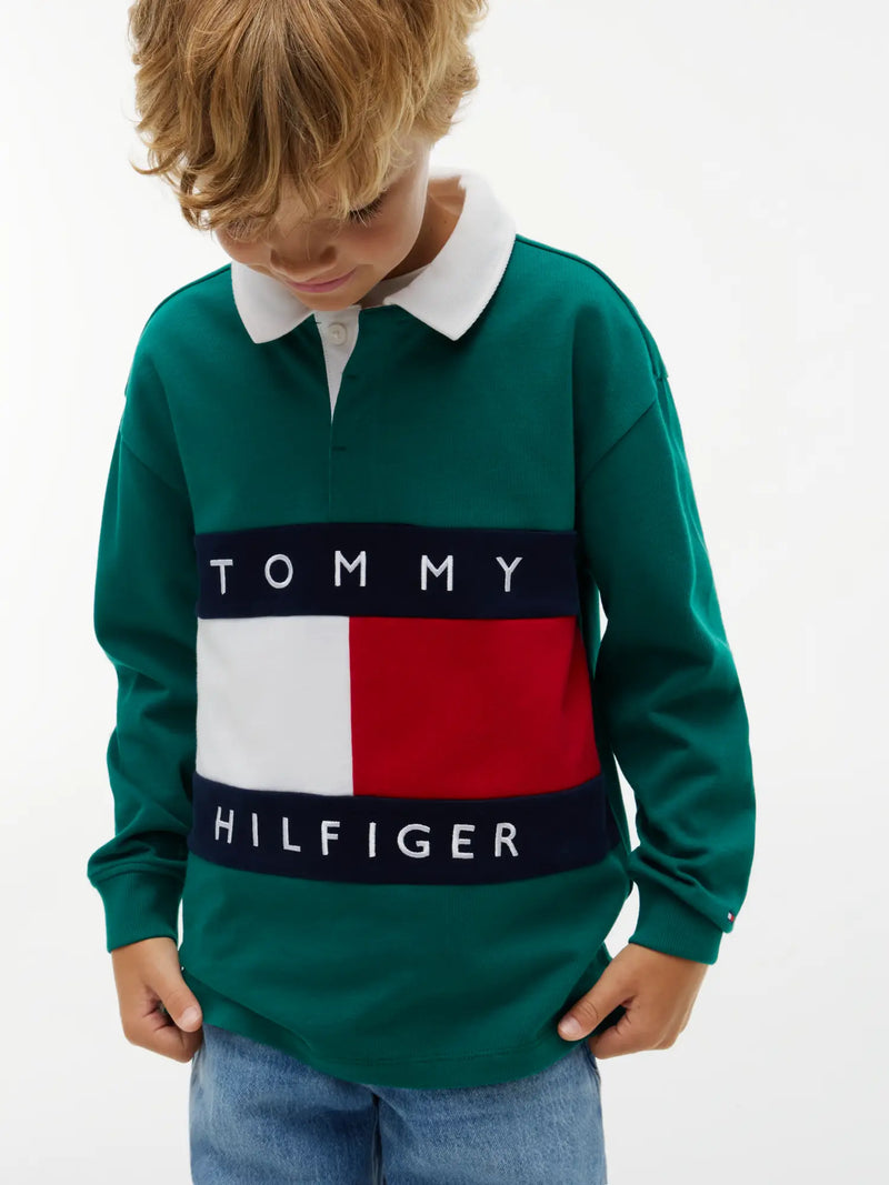 Closer view of the Tommy Hilfiger heritage flag rugby shirt.