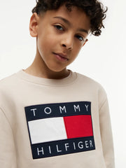 Closer look at the Tommy Hilfiger heritage flag sweatshirt showing detail of the flag logo on the chest.