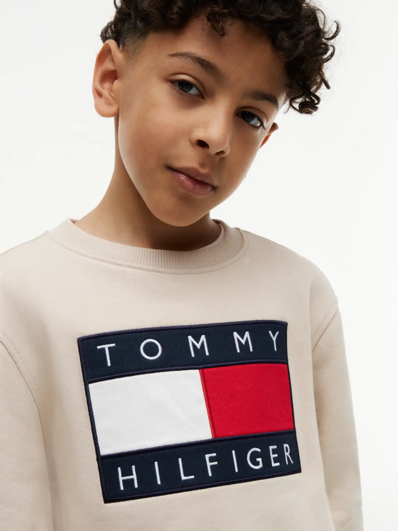 Closer look at the Tommy Hilfiger heritage flag sweatshirt showing detail of the flag logo on the chest.