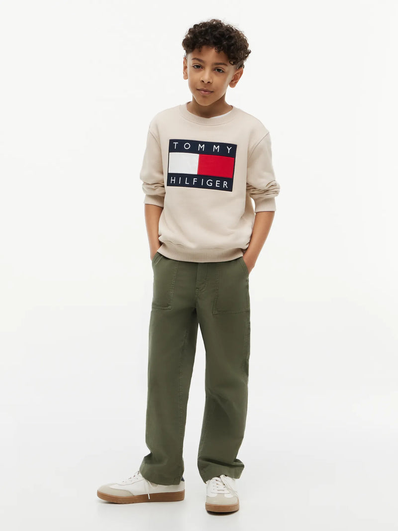 Boy in beige heritage flag sweatshirt by Tommy Hilfiger.