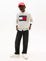 Tommy Hilfiger grey heritage flag sweatshirt, modelled by boy.