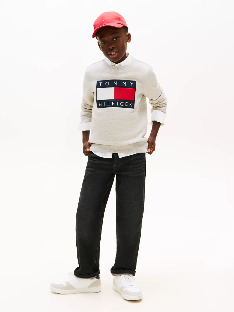 Tommy Hilfiger grey heritage flag sweatshirt, modelled by boy.