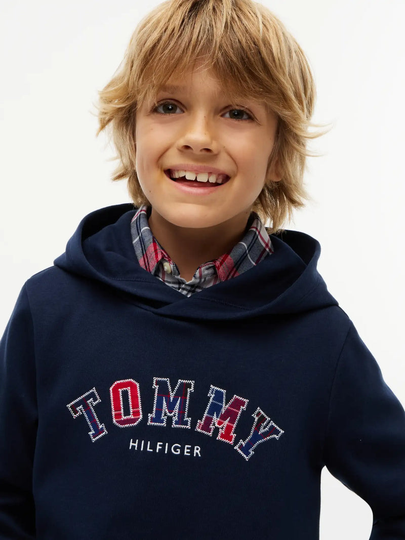 Closer look at the Tommy Hilfiger heritage hoodie showing detail of the plaid logo.