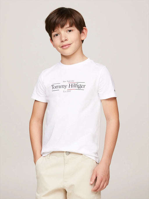 Boy modelling the Tommy Hilfiger icon t-shirt.