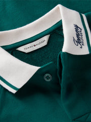 Closer look at the Tommy Hilfiger long sleeve rugby shirt showing detail of the embroidered logo on the collar.