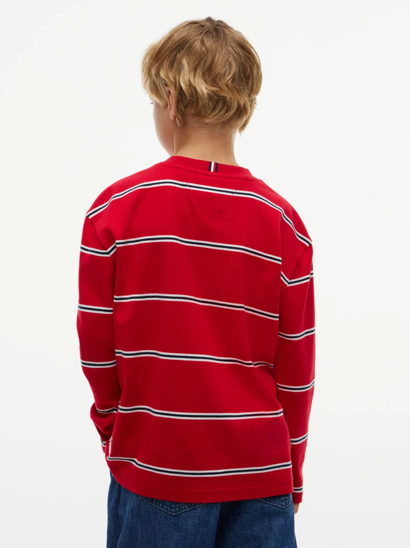 Back of the Tommy Hilfiger red long sleeve striped t-shirt.