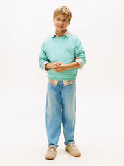 Boy modelling the Tommy Hilfiger mini logo sweatshirt.