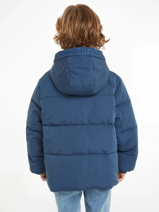 Back view of the Tommy Hilfiger monotype puffer jacket.