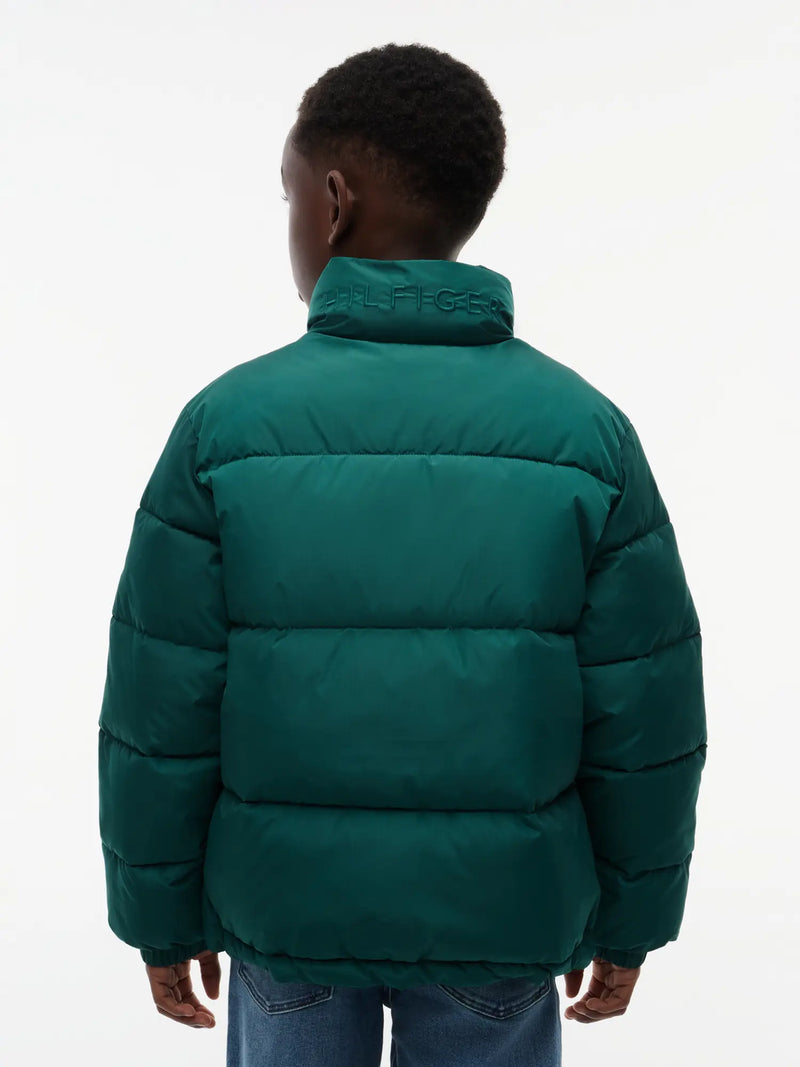 Rear view of the Tommy Hilfiger green puffer jacket.