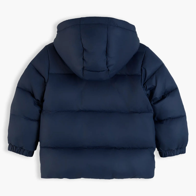 Rear view of the Tommy Hilfiger navy puffer jacket.