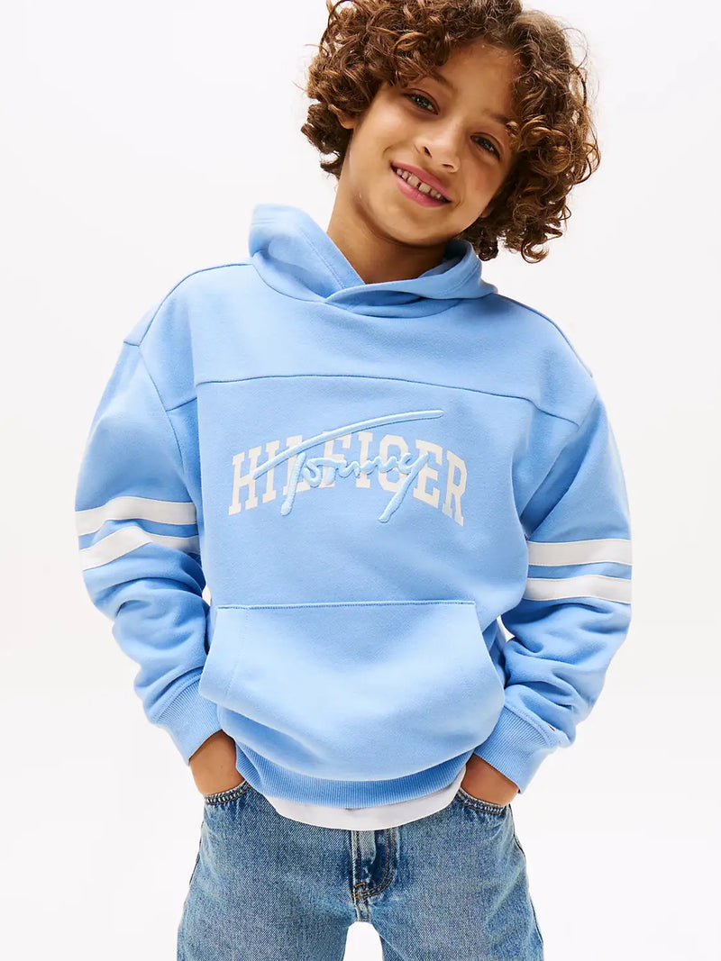 Closer view of the Tommy Hilfiger script logo hoodie.