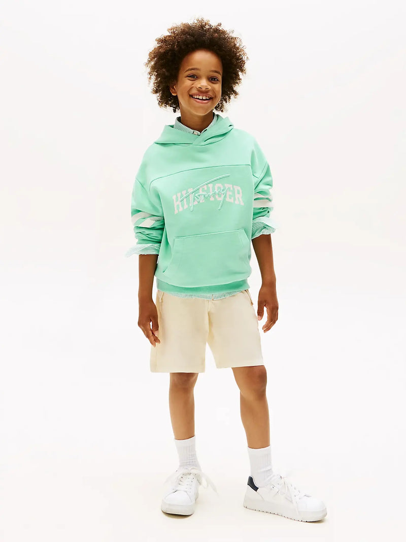 Boy wearing the Tommy Hilfiger script logo hoodie.