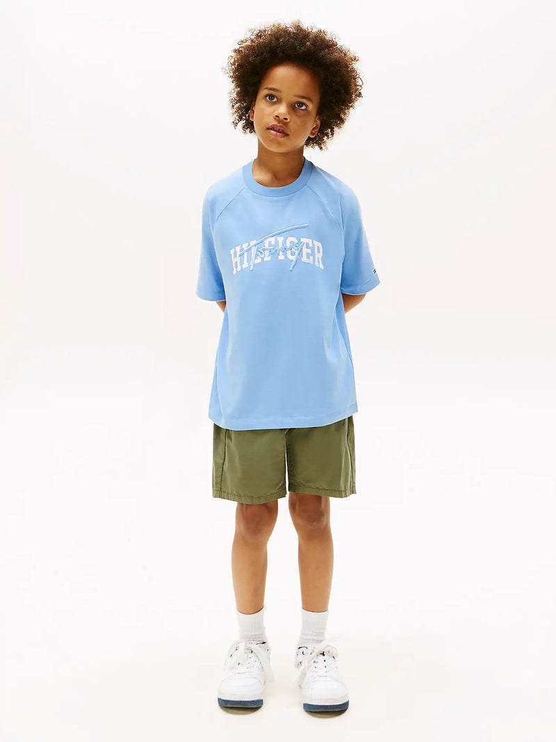 Boy modelling the Tommy Hilfiger script logo t-shirt.