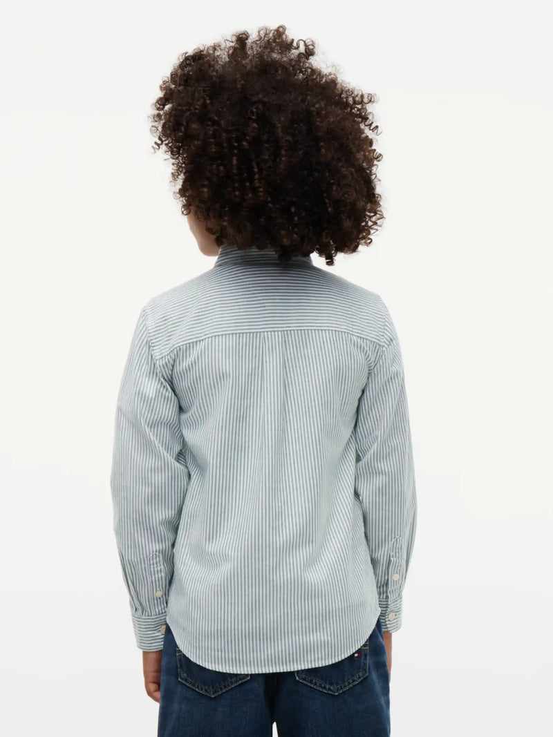 Rear view of the Tommy Hilfiger green striped oxford shirt.
