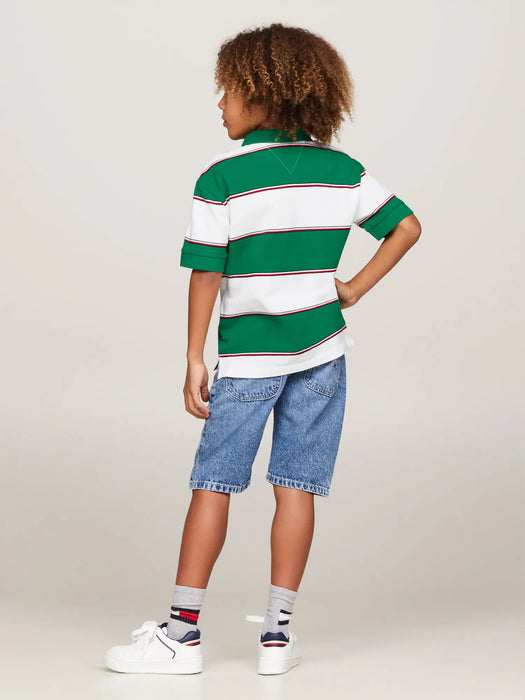Back of the Tommy Hilfiger green striped polo shirt.