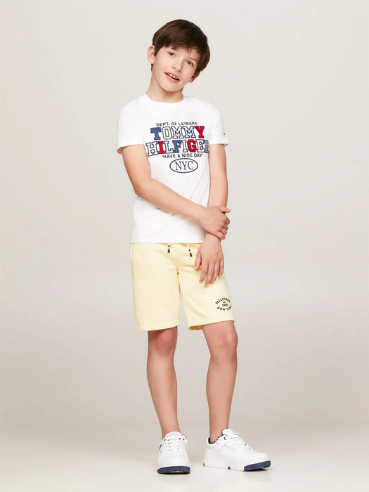 Boy wearing the Tommy Hilfiger nyc logo t-shirt.