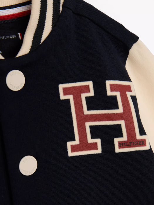 Closer look at the Tommy Hilfiger varsity bomber jacket.