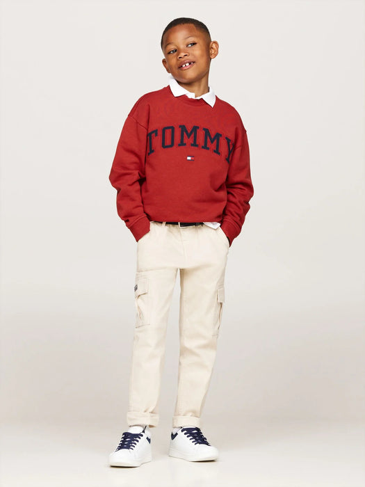 Boy modelling the Tommy Hilfiger varsity sweatshirt.
