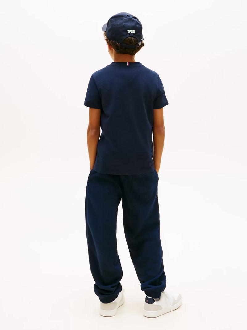 Rear view of the Tommy Hilfiger navy varsity t-shirt.