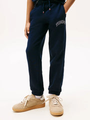 Tommy Hilfiger navy joggers with varsity inspired logo.