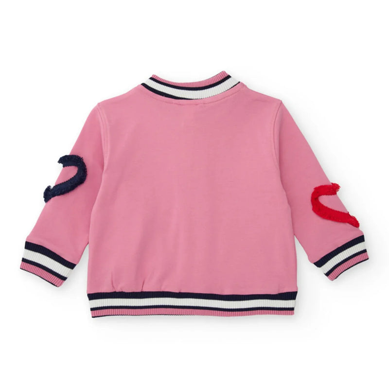 Rear view of the Tuc Tuc pink bomber jacket.