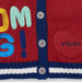 Tuc Tuc red cardigan with colourful embroidered slogan.