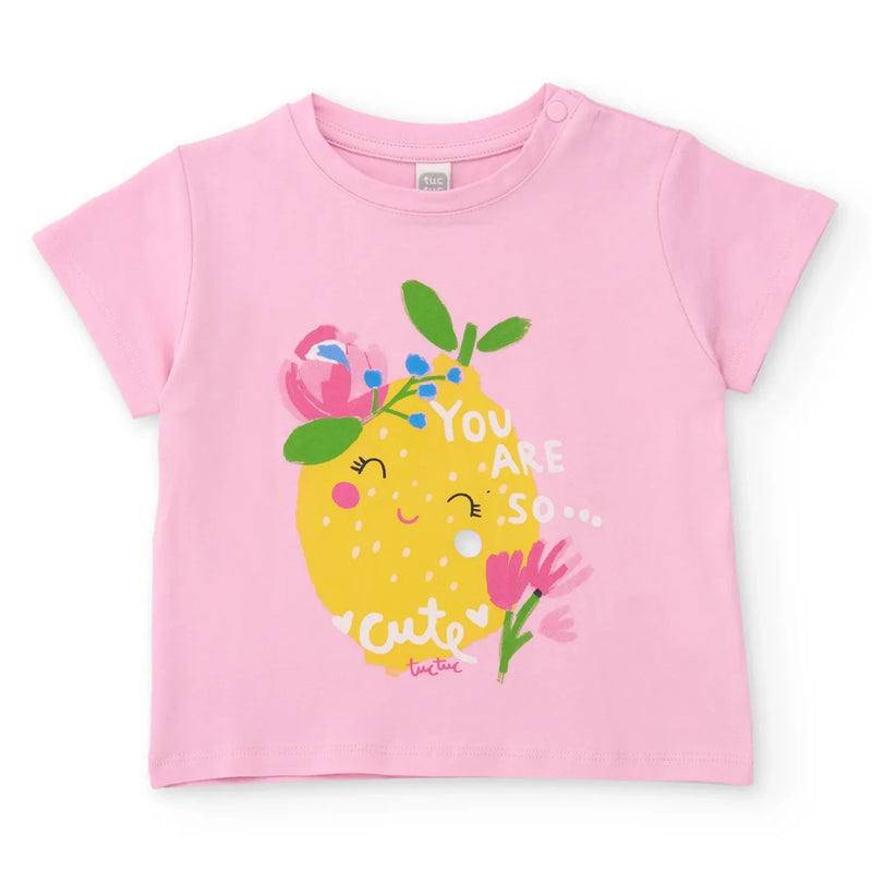 Girl's pink t-shirt with lemon design on the front.