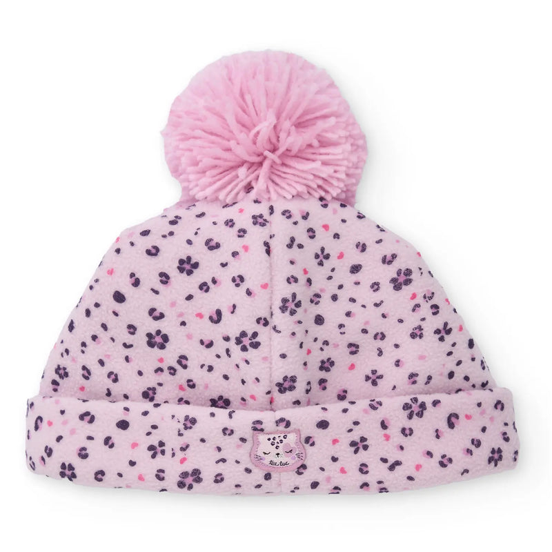 Rear view of the Tuc Tuc pink leopard print bobble hat.